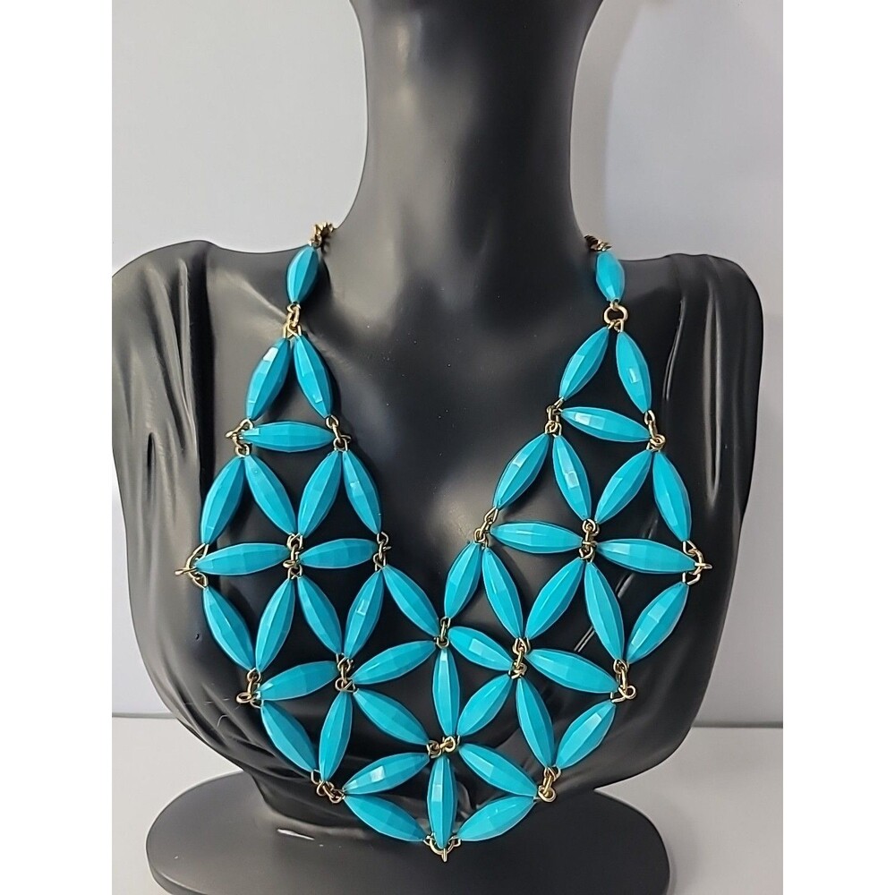 Vintage Turquoise Blue Color Bib Necklace Gold‎ Tone Statement Mesh Jewelry